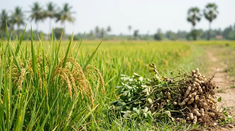 Green paddy rice crop with harvested groundnut plants in an Indian field