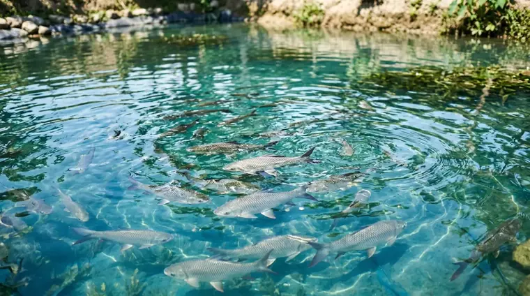 Silver rohu carp swimming in clear freshwater aquaculture pond