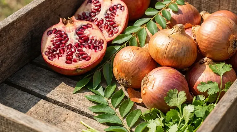 Fresh pomegranates and red onions from an Indian horticulture harvest