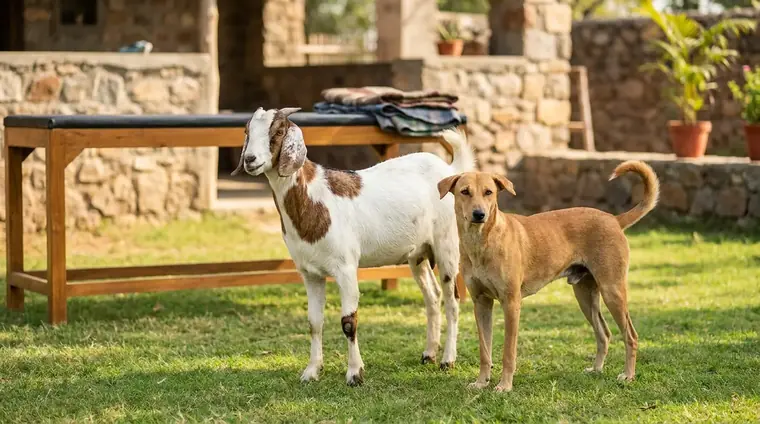 A healthy goat and a dog on green grass at an Indian farm